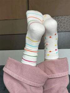 White Polka Dot Cotton Socks Womens Mid-Calf Thin Summer Trendy Cute Japanese Stripe Summer Chunky Socks Breathable Moisture Wicking
