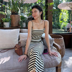 Gentle Style French Style Striped Spaghetti Straps Bodycon Dress Female Summer New Waist-Tight Beauty Elegant Vacation Style Outerwear Dress