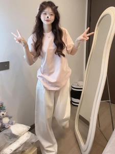 Bộ Đồ Thể Thao Cotton Mùa Hè Cho Nữ Bộ Đồ Hai Mảnh Tay Ngắn Quần Dài Thoải Mái Giản Dị Cho Cô Gái Năng Động
