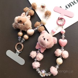 Plush Bear Mobile Phone Lanyard Winter Outdoor Key Cover Solid Handheld Beads Hanging Chain High End Womens Digital Accessories
