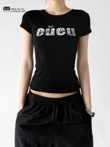 MUYUZI | Black Letter Print Short Sleeve Slim Fit T-Shirt