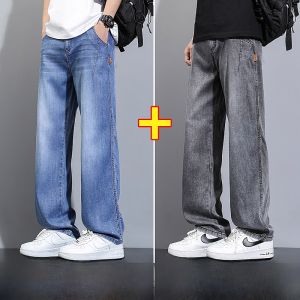 ROMON | Romon Summer Thin Ice Silk Wide Leg Jeans Men Casual Loose Straight Leg Tencel Denim Breathable Fashionable Youth Jeans