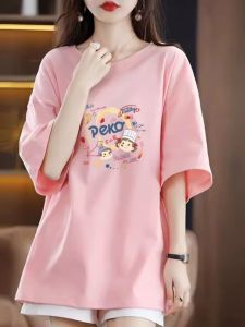 เสื้อยืดคอกลมแขนสั้นพิมพ์ลายผ้าฝ้ายแท้ 2025 ฤดูร้อน เสื้อยืดแขนสั้นทรงหลวมสำหรับผู้หญิง เสื้อแขนยาวครึ่งตัว ทรงหลวม แขนยาวครึ่งตัว