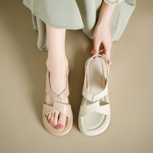 Large Size Thick Sole Sandals Womens 41-43 Open Toe Back Bandage All-Match Summer Roman Style Shoes Mid Heel Dress Womens Shoes