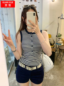 Áo Ba Lỗ Không Tay Ôm Vừa Vặn Cho Nữ Mùa Hè 2025 Áo Ba Lỗ Không Tay Màu Tương Phản Kẻ Sọc Có Nút Cài Đơn Giản Mặc Thường Ngày