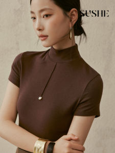 SUSHE | Rounded Soft Tencel Button Front Slim Fit Stretch Semi-High Collar T-Shirt