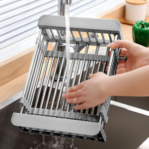 Adjustable Stainless Steel Drain Basket Drain Tray for Dish Vegetable Fruit On or in Sink Kitchen Basket Dish Drying Rack