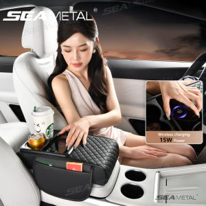 SEAMETAL 6 IN 1 Car Arm Rest Cushion with Wireless Charging Thicken Center Console Storage Box Elbow Support Cup Holder Tissue Box