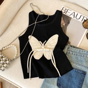 เสื้อกล้ามถักลายผีเสื้อสไตล์ชาแนลแบรนด์ดังลดราคาสำหรับผู้หญิงเสื้อยืดแขนกุดสายเดี่ยวใส่ด้านในแบบใหม่ใส่ช่วงฤดูร้อนเสื้อนิชแบรนด์