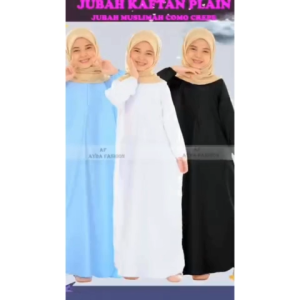 KAFTAN JUBAH BUDAK MUSLIMAH TANGAN GETAH PLAIN COMO CRAPE 2 YEARS TO 13 YEARS