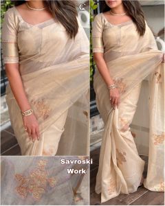 Pastel Colours Organza Silk Saree with Jacquard & swaroski work with organza silk Blouse Piece Sarees for Women