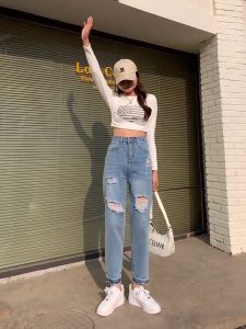 Harem Jeans ผู้หญิงแต่งขาด กางเกงยีนส์ผู้หญิง สีเฟดสวยมาก เอวสูง เนื้อนิ่มอย่างดี Ripped