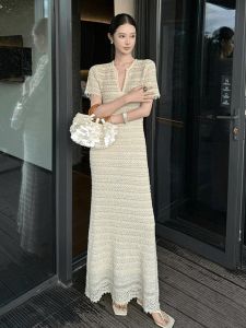 Stunning V-Neck Hollow out Knitted Dress Elegant High Waist A-Line Silhouette Short Sleeve Autumn Fashion for Young Women