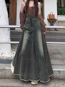 Retro American เดนิม ทรงเอ Mini กระโปรง สําหรับผู้หญิง ฤดูใบไม้ผลิ ฤดูใบไม้ร่วง ฤดูหนาว สูง เอว Hollow Out Embellishment สไตล์ลำลอง