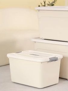 Cream Style Storage Box With Handle And Wheels High Capacity Stackable Sealed Toy Storage Organizer With Lock  Multifunctional Desktop Cream Plastic Storage Box