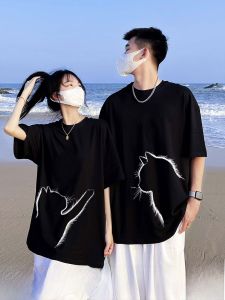 Summer Couple T-Shirts Short Sleeve Cotton round Neck Print Animal Korean Style Commute Casual Loose Fit Popular Online