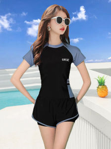 Sporty Two-Piece Swimsuit Womens Conservative Bikini Bottom for Hot Spring Soaking Korean Style Polyester round Neck Swimsuit