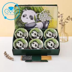 Bộ 6 Chén Sứ Hoạ Tiết Gấu Trúc Panda Phong Cách Nhật Tặng Kèm 6 Đôi Đũa Tre Cao Cấp