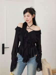 Áo Sơ Mi Dài Tay Phong Cách Romatic Form Rộng Cổ Halter Trễ Vai Size Lớn