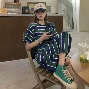 Korean Style Long Stripe T-Shirt Dress Womens Summer Oversize Ultra-Long Sleeveless Knee-Length A-Line Dress Casual round Neck