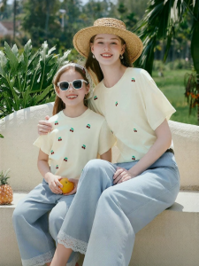 XIANGYING | Matching Mother-Daughter T-Shirt Short Sleeve New Summer Round Neck Loose Cherry Embroidery Top