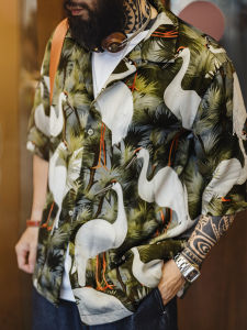 MADEN | Retro Hong Kong Style Crane Pattern Cuban Collar Tencel Hawaiian Short Sleeve Shirt