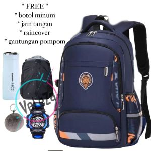 Tas sekolah anak laki-laki remaja SD SMP model Zhimabaobe free botol minum jam tangan raincover dan gantungan pompom tas sekolah tas ransel
