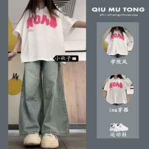 Bộ Đồ Trẻ Em Mùa Hè Tay Ngắn Thời Trang Thể Thao Quần Ống Rộng Denim Phong Cách Đại Học Cho Bé Gái Bộ Đồ Hai Mảnh