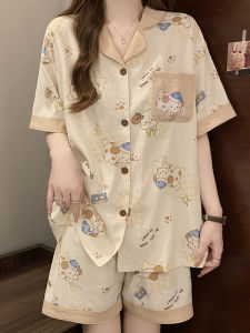 Summer Sleepwear Set Womens Thin Short Sleeve Open Cardigan Collared Home Clothes Two-Piece Set Student Girls Cartoon Knitted Cotton