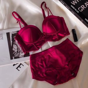Christmas and New Year Lingerie Gifts New French Satin Koi Carp Red Small Chest Gathers Brassiere Women Soft Breathable Underwear Adjustment Type Wire Free Bra Set