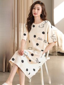 MiiOW | MiiOW Cat Person Summer Womens Sleep Dress Thin Loose Cute Short Sleeve Midi Skirt Home Clothes Cotton Polyester Blend