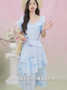 LIANGSANSHI | Đầm Voan In Họa Tiết Ruffle Không Đều Ghép Ren Mới Hè