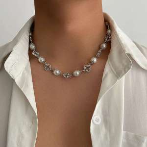 Ingemark Goth Imitation Pearl Rhinestone Choker Necklace for Men Collar Vintage Adjustable Clavicle Chain Daily Party Jewelry