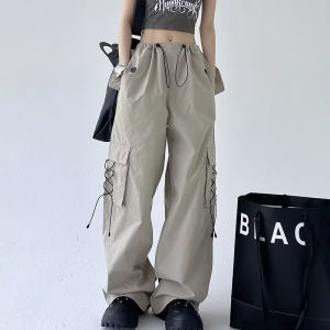 กางเกงคาร์โก้สำหรับผู้หญิง กางเกงขายาว ผ้าบาง เอวสูง ทรงหลวม กางเกงขายาวทรงตรง กางเกงขากว้าง