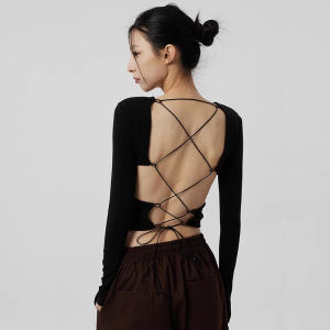 Áo Thun Nữ Tay Dài Hở Lưng Gợi Cảm Có Đệm Ngực Áo Thun Cotton Dáng Ôm Mùa Thu Phong Cách Hàn Quốc Cổ Tròn Tay Dài