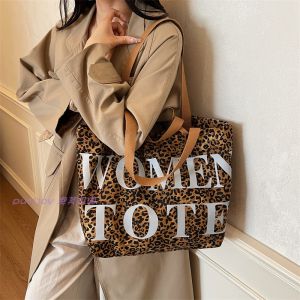 Retro Leopard Print Womens Large Capacity Shoulder Bag Handbag Tote Book Carrier Nylon Material Soft Nylon Fabric Water-Resistant