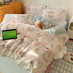 Cute Lace Design A-Class Winter Milk Velvet Four-Piece Cartoon Girl Fleece Coverlet Sheet Dormitory Three-Piece Bedding Set