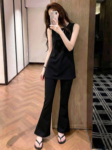 Shalldoer | Elegant Summer Womens Two-Piece Set Sleeveless Round-Neck Top Flare Pants