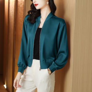 Fashionable Silk Crepe De Chine Short Coat For Women Spring Autumn Thin Section Stand Collar Zippered Casual Top