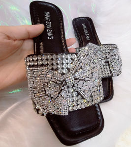 Luxury Beautiful Fairy Super Shiny Crystal Rhinestone Classy Princess Heavy Industry Full Diamond Three-Dimensional Bow Slippers