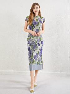New Chinese Style Pleated Print Cheongsam Dress Womens Summer New High Waist Short Sleeve Bodycon Long Skirt Elegant Feeling