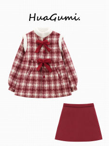 Woolen Outwear Womens 2024 Fall and Winter New Arrival Gingham New Year Battle Gown Red Short Woolen Skirt Two-piece Set