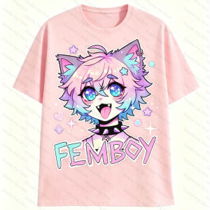 Womens FEMBOY Cat Ears Characters Bold FEMBOY Anime Style Graphic Men T Shirt Streetwear Tee Oversize Summer Novelty Goth Y2K