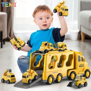 TEMI 5 in 1 Diecast Carrier Truck Toys Cars Engineering Vehicles Bulldozer Truck Model Sets Kids Educational Boys For Toys
