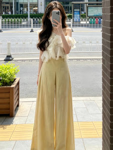 SENWA | Bộ Đồ Nữ Phong Cách Hàn Quốc Thẩm Mỹ Áo Peplum Vai Xéo và Quần Ống Rộng