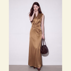 SHANGSHA | Elegant Graceful Women Dress Waist-defining Brown Satin