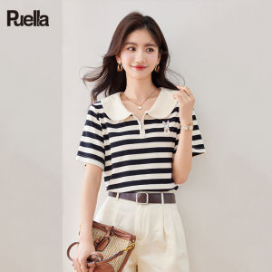 puella | Turn-down Collar Straight Shoulder Striped Short Sleeve Loose T-shirt with Rabbit Embroidery