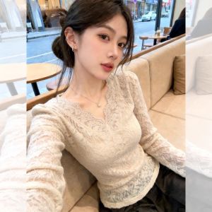 GEBOFU | French Maturity Style V-Neck Lace Long Sleeve T-Shirt Spring/Autumn Underwear Slim
