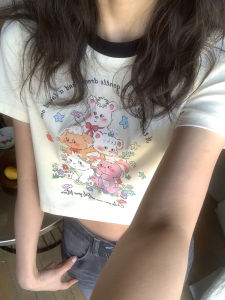 Hello Canon Original Print Short Sleeve T-Shirt Womens Summer 2025 New Loose Shoulder Short Top Cotton Polyester Blend