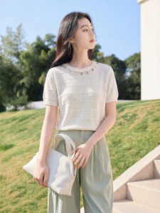 XIANGYING | Glitter Light Thin Summer Holiday Style Round Collar Short Sleeve Blouse White